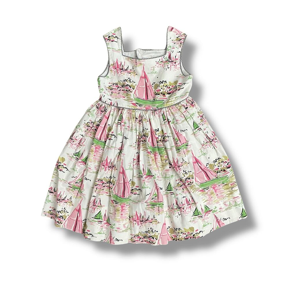 Handmade Girls Nautical Sailboat Dress Pink Green Cotton A-Line Summer 2T 3T
